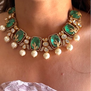 Polki Necklace Emerald Mint Kundan Necklace Sabyasachi Jewelry Moissanite Polki Diamond Fine Quality Kundan Bridal Jewelry Doublet Necklace