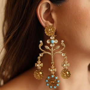 Ungeschnittene Polki lange Ohrringe, indische lange Ohrringe, Kundan Ohrringe, Desi Ohrringe, Bollywood Ohrringe, Ohrringe im indischen Stil, indischer Schmuck