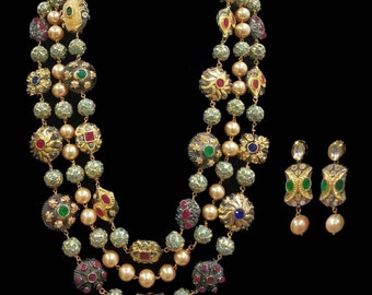 3 layer long Necklace set/Designer necklace set/Multi color set/Victorian Necklace/Long kundan necklace/Navratan set/sabyasachi jewelry/