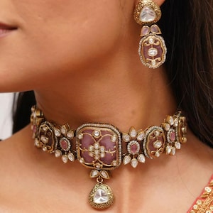 Victorian Pink Kundan Choker/Indian Jewelry/Indian Necklace/Indian Choker/Indian Wedding Necklace Set/Pakistani Jewelry/Sabyasachi Choker
