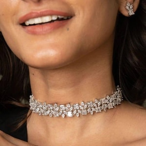Silver Tone Dainty Diamond Choker Necklace With Stud Earrings/Silver Cz Choker/Crystal Choker Set/Statement Jewelry/Minimalist Choker Set/