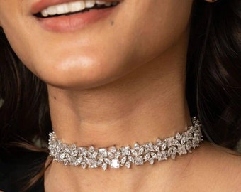 Silver Tone Dainty Diamond Choker Necklace With Stud Earrings/Silver Cz Choker/Crystal Choker Set/Statement Jewelry/Minimalist Choker Set/