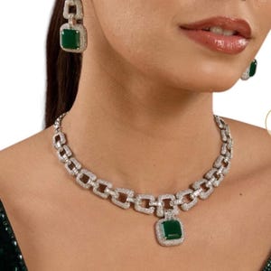 Premium Emerald Diamond Necklace Green India Jewelry Statement Long Green Emerald Necklace Pendant Amrapali Inspired Emerald Cz Wedding Gift