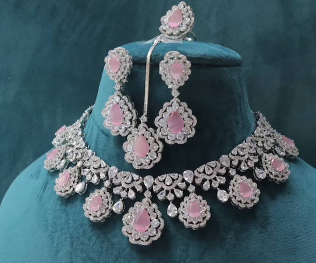Piece Pink Diamond Necklace Set/indian Diamond Choker Set/indian