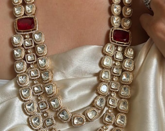 Gold Plated Kundan Necklace Set, Ruby Red & Emerald Doublet Polki