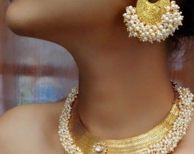 18k Gold Plated Kundan Pearl & Beades Studded Dangle Earrings for Women