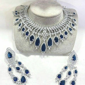 White Tone Lab Blue Sapphire Faux Diamond High Quality Necklace Set/Cz Sapphire Diamond Necklace Set/Inspired Diamond Set/Next to real set