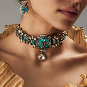 Turquoise Feroza victorian uncut Polki Kundan Choker, Sabyasachi Designer necklace, Bollywood, Indian Pakistani Jewelry ,bridal jewelry OOAK