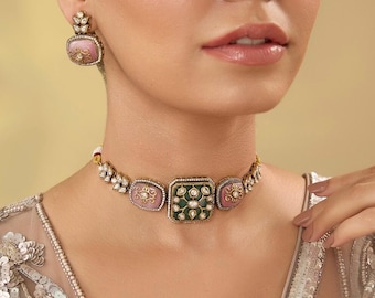 Kundan Choker Necklace: Moissanite Polki, Indian Bridal Jewelry