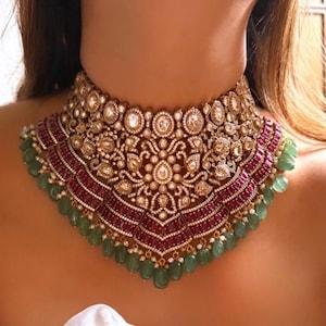 Pakistani Bridal Jewelry Set with Ruby Pink and Emerald Green Stones for Indian Wedding