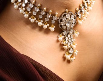 Victorian Pearl Mossonite Choker Necklace, Indian Wedding Necklace, Indian Jewelry, Indian Bridal Jewelry, Bollywood Jewelry, Kundan Jewelry