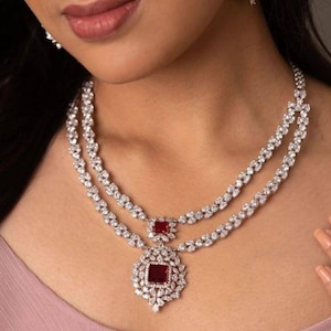 Silver Finish Ruby Red CZ Diamond Choker Necklace With Earrings/Indian-Pakistani Diamond Necklace/American Diamond Necklace/Wedding Necklace