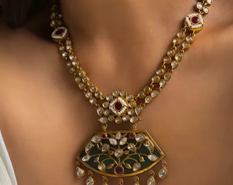 Designer Amrapali Jewelry Inspired Peacock Two Layered Uncut Polki Kundan Pendant Necklace With Earrings Indian Pakistani Punjabi Jewelry