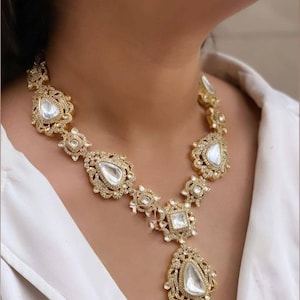 Tyaani Jewelry Inspired Most Premium Quality Gold Plated Uncut Faux Polki Diamond Long Necklace With Earrings/Pakistani Necklace/Sabyasachi/