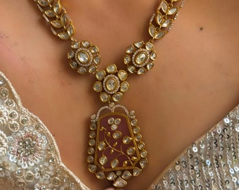 Gold Tone Kundan Choker Necklace Set, Blush Pink Moissanite Polki Jewelry