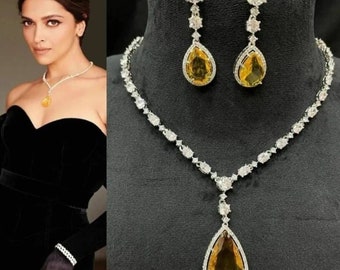 Deepika Padukone Oscar Inspired Faux Yellow Topaz Zirconium Diamond Necklace With Earrings Pear Halo Jewelry Set Art Deco CZ Diamond Bridal