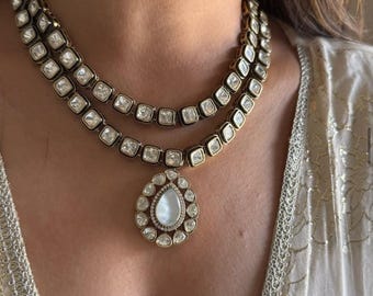 Conjunto de collar de moissanita polki, joyería nupcial kundan.