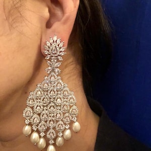 Chandelier Diamond Look Pearl Earrings, Chandelier Earrings, Long Silver Earrings, Diamond & Pearl Earrings, Diamond Drop Earrings,