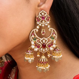 Fine Ruby Polki Earrings Green Kundan Earring  Sabyasachi Jewelry Moissanite Polki Jewelry Indian Stone Earrings Big Chandbali Earrings OOAK