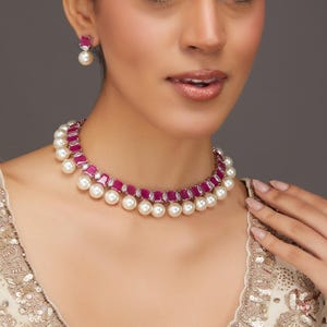 Fine Ruby Pearl  Diamond Necklace  Stone Jewelry India American Diamond Drop Cubic Zirconia DESIGNER Dupe Red Ruby Necklace Cz Statement Set
