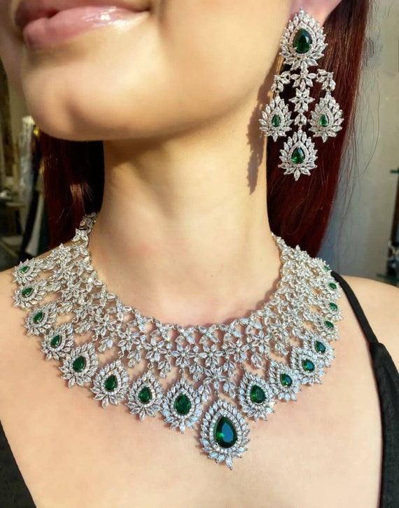 estafador Predecesor Skalk Buy White Gold Plated Bridal Emerald Green Faux Diamond Necklace Online in  India - Etsy