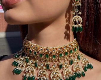 Smaragdgroene Kundan bruids choker ketting set - vergulde Indiase sieraden