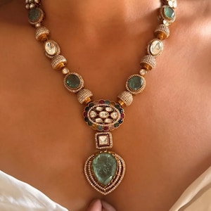 Kundan Polki Necklace Earrings Set: Antique Gold, Emerald Green