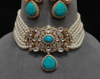 Premiun Gold Finish Carved Turquoise Feroza Ruby Red Stone Pearl