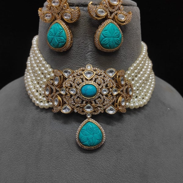Premiun Gold Finish Carved Turquoise Feroza Ruby Red Stone Pearl Kundan Zirconia Diamond Choker Necklace Set Indian Pakistani Choker Set