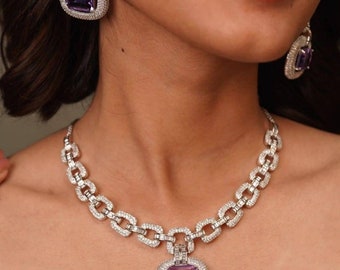 Amethyst Cuban Link Necklace & Dangle Earrings Set