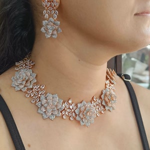 Two Tone Rose and White Gold Plated Pave 3D Necklace Set with Earrings/Diamond Choker Set/Elegant Cz Set/Celebrity Inspired Set/Indian Set