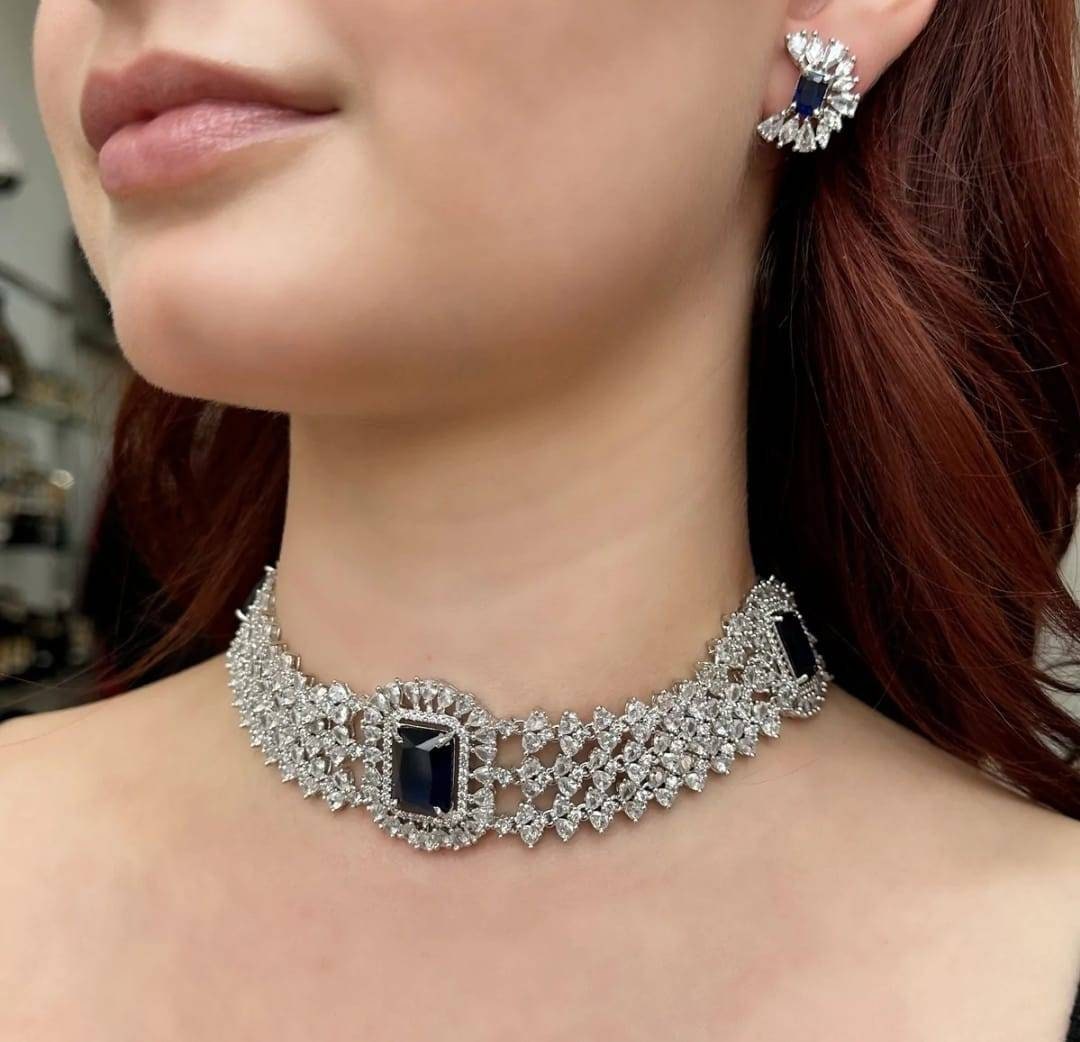 Sapphire Blue Princess Strands Choker Necklace Emerald Zirconium