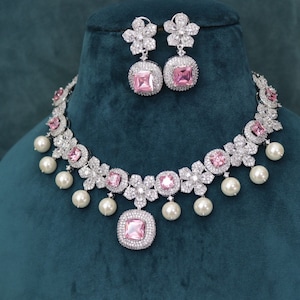 Silver Finish Pink Purple Pearl Diamond Necklace With Earrings/Indian Necklace/Pakistani Choker/Bollywood Jewelry/Punjab Jewelry/Unique set