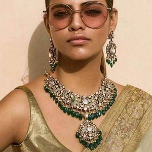 Conjunto de collar Sabyasachi/Conjunto de diamantes victorianos verde esmeralda/Joyería india/Conjunto de joyería Sabyasachi/Conjunto de gargantilla india esmeralda/Deepika Padukone