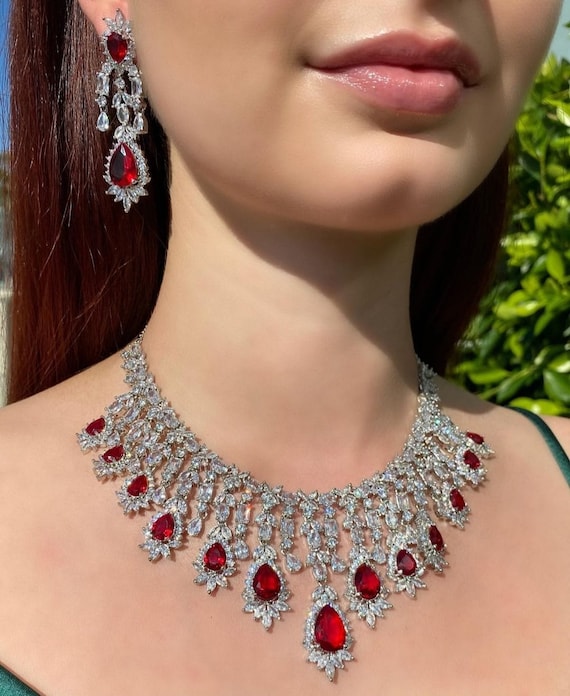 Premium Quality White Gold Plated Ruby Red Cz Diamond