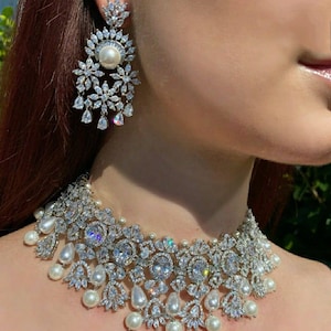 White Gold plated Pearl Diamond Choker Necklace Set/Clear White Marquise Cubic Zirconia Diamond Collar Choker Silver Rhodium Statement Set