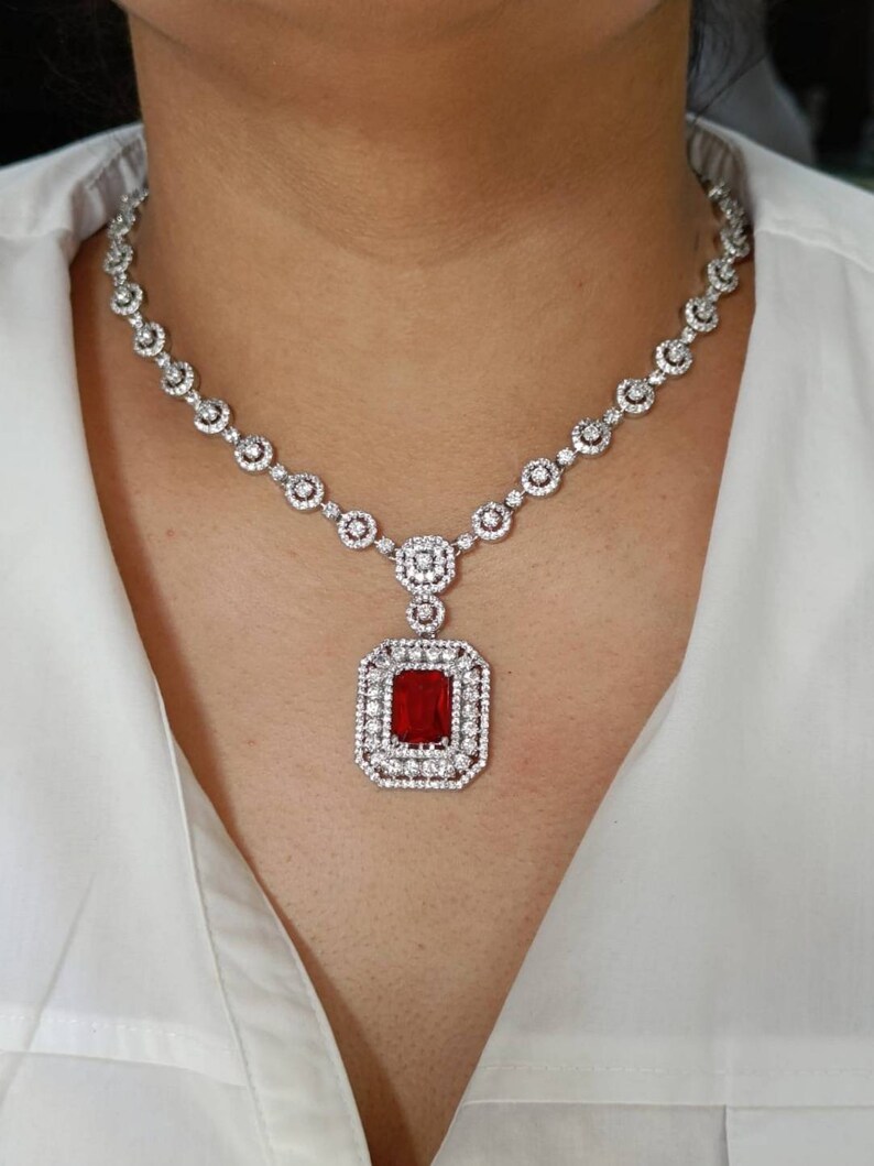 Ruby Red Cubic Zirconium Necklace Set With Matching Statement Etsy