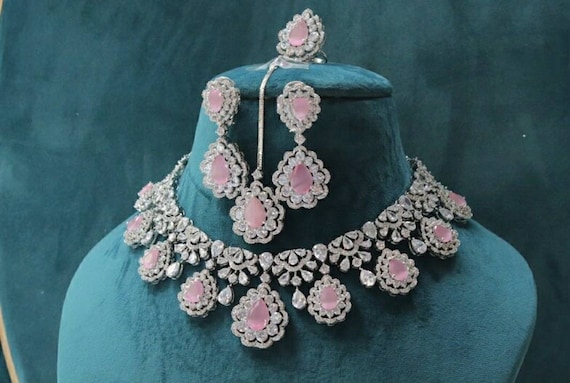 Choker Necklace Pink Lehenga Necklace Set Piece Pink Diamond