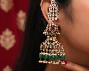Kundan Chandbali Earrings | Ruby, Emerald & Moissanite Polki, Indian Jewelry