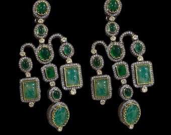 Sabyasachi Inspired Victorian Emerald Green Zirconium Diamond Long Earrings/Pakistani Earrings/Pakistani Indian Chaandbalis/Long Earrings/