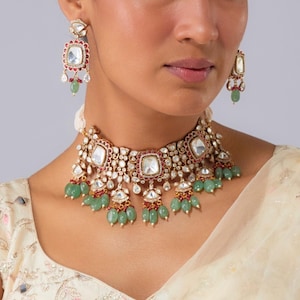 Polki Choker Necklace Ruby Red  Emerald Green Kundan Necklace Sabyasachi Inspired Moissanite Polki Fine Kundan Bridal Set Indian Choker OOAK