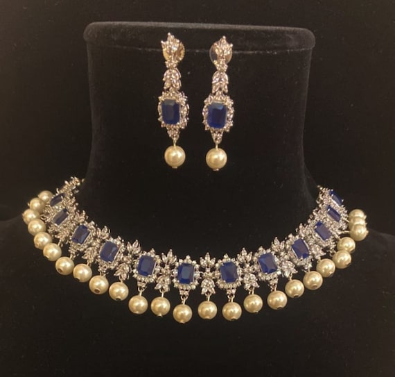 Sapphire Blue Pearl Zirconia Diamond Cz Necklace With Earrings
