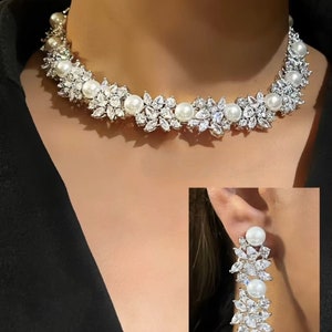 Silver Finish Pearl Cz Diamond Choker Necklace With Earrings Wedding Jewelry Prom Bridal Necklace Pagent Statement Indian Pakistani Jewelry
