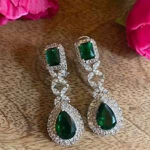 White Tone Emerald Cz Long Necklace Set/lab Emerald Diamond Set/diamond ...