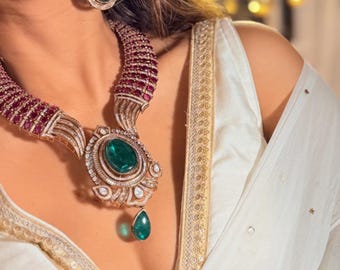 Premium Grönt Mintgrönt Polki Kundan Halsband Moissanit Polki Diamant Choker Sabyasachi Mintgrönt Kundan PREMIUM Indien Brud-Jadau Smycken OOAK