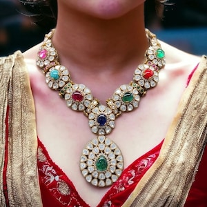 Sabya Inspired Navratan Feroza Multicolored Long Uncut Polki Necklace Fusion Indian Long Necklace Indian Jewelry Long Pendant Necklace Ooak