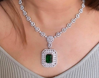 Emerald and Diamond white gold plated Necklace set/Statement Jewelry/Lab Emeraldand diamond Set/Elegant diamond set/Cz diamond set/Cz choker
