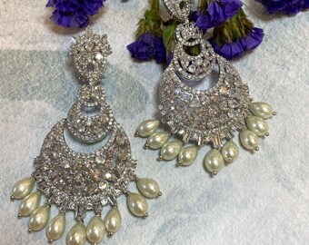 White Pearl Diamond Chandbali Earrings/Pakistani Diamond Chandbalis/Diamond Chandelier Earrings/Pearl Earrings/Statement Earrings/Punjabi/