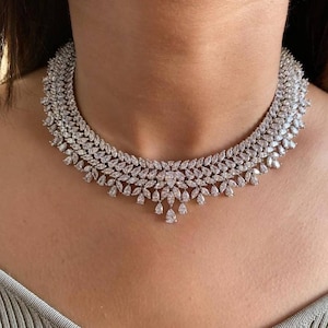White Gold Plated Marquise Tear Drop shape Diamond Necklace set/Cubic Zirconia Set/Crystal Choker Set/American Diamond Set/Cz set/Moisanite