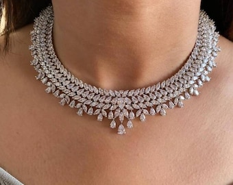 White Gold Plated Marquise Tear Drop shape Diamond Necklace set/Cubic  Zirconia Set/Crystal Choker Set/American Diamond Set/Cz set/Moisanite